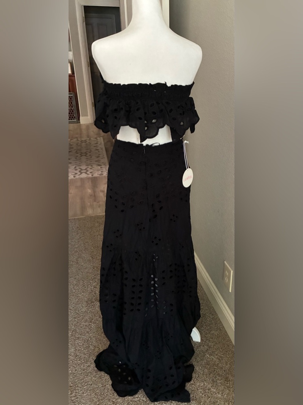 Luxxel Black Eyelet Maxi Skirt & Crop Top- top is a small and skirt is a medium - Picture 4 of 7